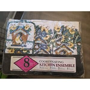 Vintage Franco Bluebird Kitchen Ensemble 8 pcs towel pot holder,towels NEW